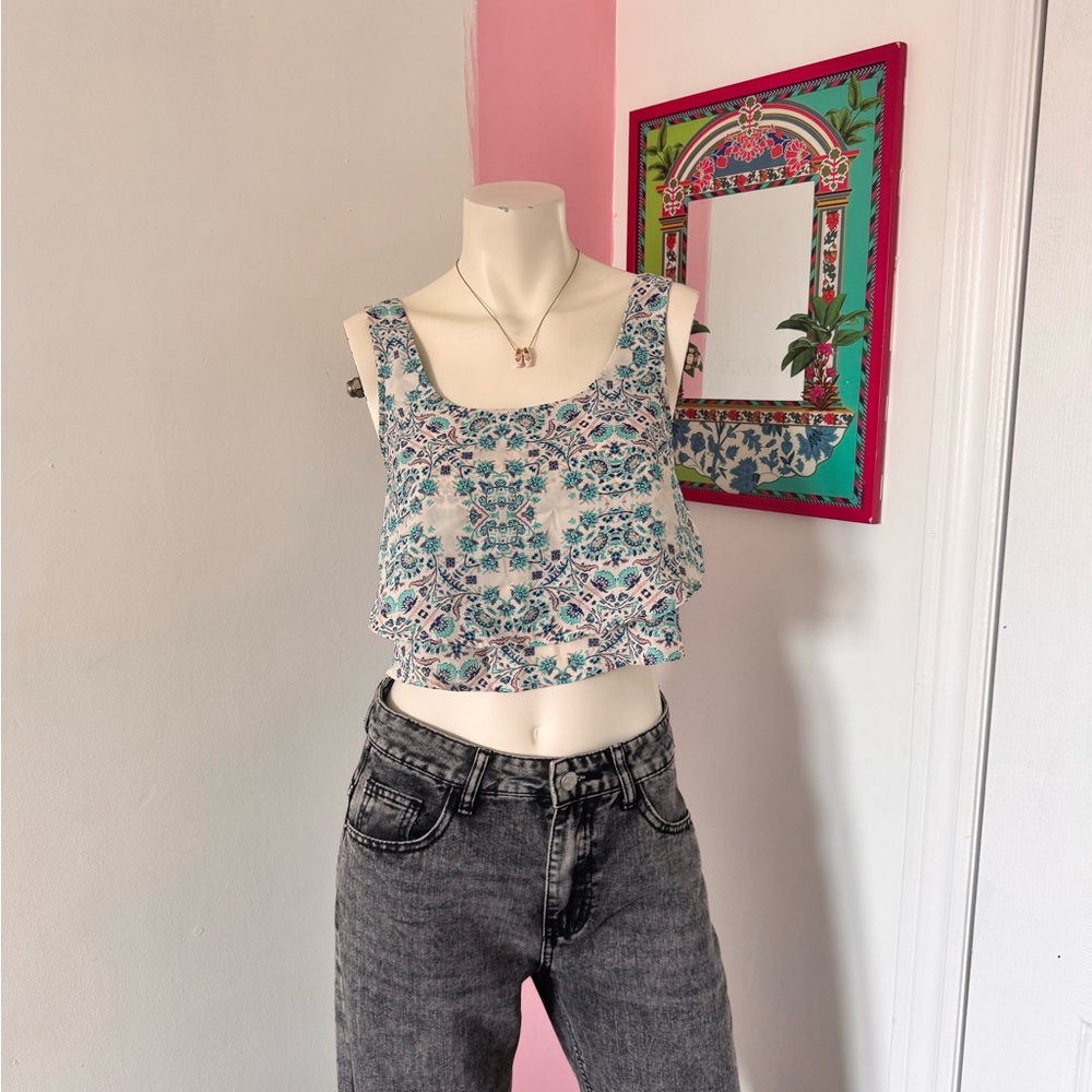 Charlotte Russe Blue & White Paisley Crop Tank Top